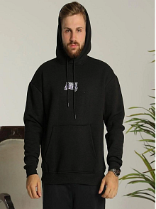 Erkek 3 İplik Pamuklu Kapüşonlu Baskılı Cepli Oversize Sweatshirt Hoodie - Siyah