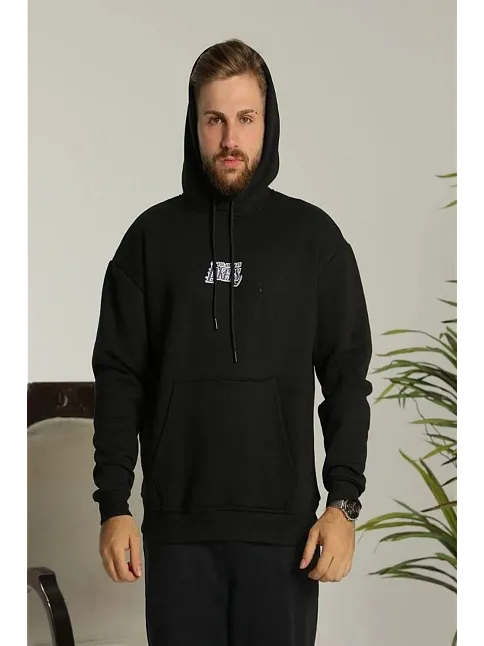 Erkek 3 İplik Pamuklu Kapüşonlu Baskılı Cepli Oversize Sweatshirt Hoodie - Siyah