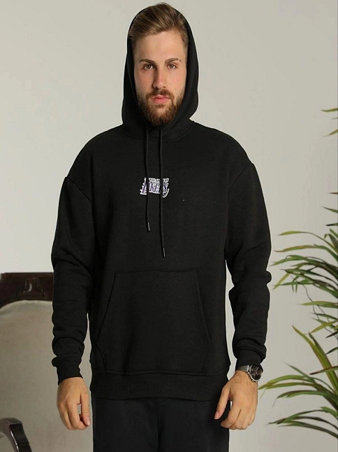 Erkek 3 İplik Pamuklu Kapüşonlu Baskılı Cepli Oversize Sweatshirt Hoodie - Siyah
