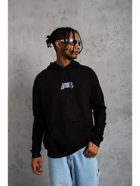 Erkek 3 İplik Pamuklu Kapüşonlu Baskılı Cepli Oversize Sweatshirt Hoodie - Siyah