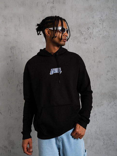 Erkek 3 İplik Pamuklu Kapüşonlu Baskılı Cepli Oversize Sweatshirt Hoodie - Siyah