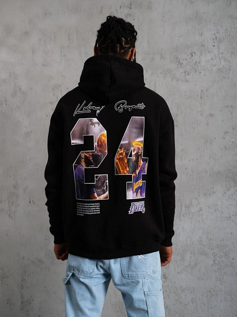 Erkek 3 İplik Pamuklu Kapüşonlu Baskılı Cepli Oversize Sweatshirt Hoodie - Siyah
