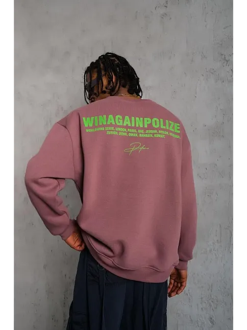 Erkek Bisiklet Yaka Baskılı 3 İplik Pamuklu Sweatshirt - Gül Kurusu