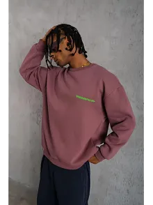 Erkek Bisiklet Yaka Baskılı 3 İplik Pamuklu Sweatshirt - Gül Kurusu