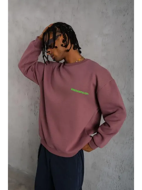 Erkek Bisiklet Yaka Baskılı 3 İplik Pamuklu Sweatshirt - Gül Kurusu
