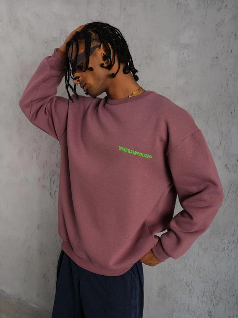 Erkek Bisiklet Yaka Baskılı 3 İplik Pamuklu Sweatshirt - Gül Kurusu