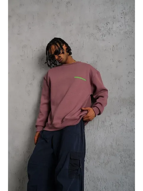 Erkek Bisiklet Yaka Baskılı 3 İplik Pamuklu Sweatshirt - Gül Kurusu