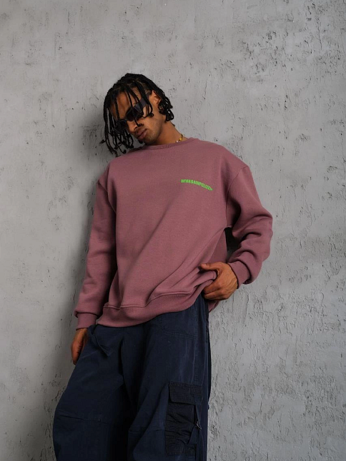 Erkek Bisiklet Yaka Baskılı 3 İplik Pamuklu Sweatshirt - Gül Kurusu