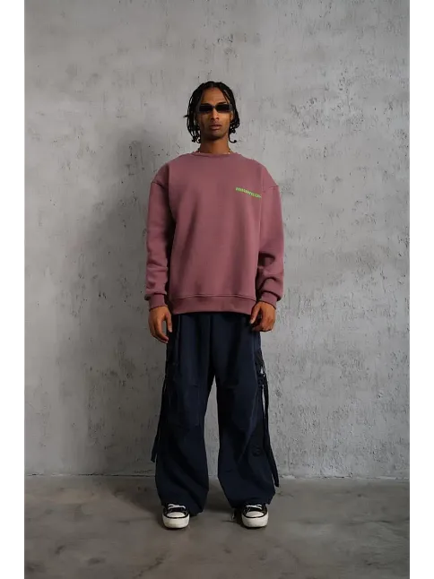 Erkek Bisiklet Yaka Baskılı 3 İplik Pamuklu Sweatshirt - Gül Kurusu