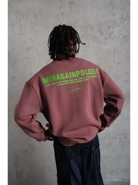 Erkek Bisiklet Yaka Baskılı 3 İplik Pamuklu Sweatshirt - Gül Kurusu