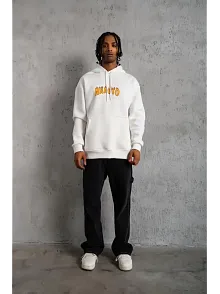 Erkek Baskılı Kapüşonlu 3 İplik Pamuklu Hoodie Sweatshirt - Beyaz