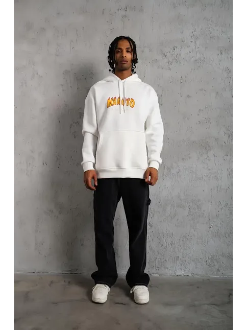 Erkek Baskılı Kapüşonlu 3 İplik Pamuklu Hoodie Sweatshirt - Beyaz
