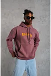 Erkek 3 İplik Pamuklu Kapüşonlu Baskılı Cepli Oversize Sweatshirt Hoodie - Gül Kurusu