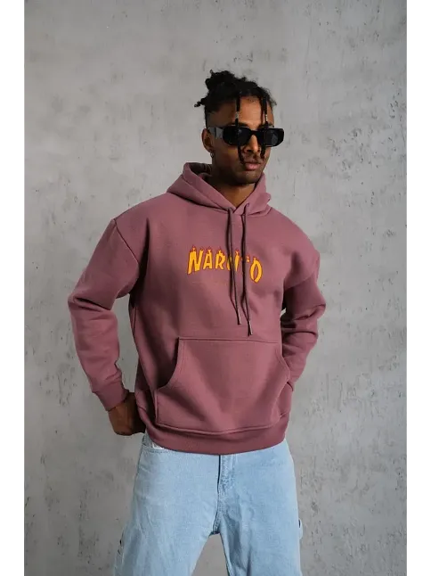 Erkek 3 İplik Pamuklu Kapüşonlu Baskılı Cepli Oversize Sweatshirt Hoodie - Gül Kurusu