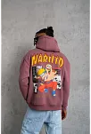 Erkek 3 İplik Pamuklu Kapüşonlu Baskılı Cepli Oversize Sweatshirt Hoodie - Gül Kurusu
