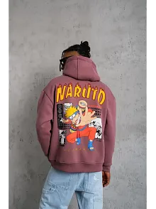 Erkek 3 İplik Pamuklu Kapüşonlu Baskılı Cepli Oversize Sweatshirt Hoodie - Gül Kurusu