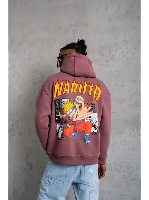 Erkek 3 İplik Pamuklu Kapüşonlu Baskılı Cepli Oversize Sweatshirt Hoodie - Gül Kurusu