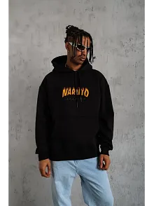 Erkek Baskılı Kapüşonlu 3 İplik Pamuklu Hoodie Sweatshirt - Siyah