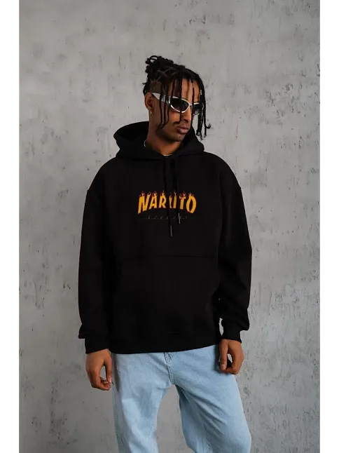 Erkek Baskılı Kapüşonlu 3 İplik Pamuklu Hoodie Sweatshirt - Siyah