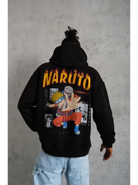 Erkek Baskılı Kapüşonlu 3 İplik Pamuklu Hoodie Sweatshirt - Siyah