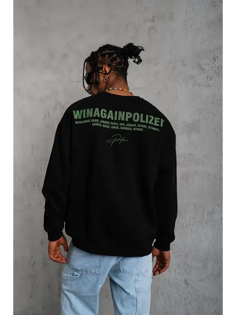 Erkek Bisiklet Yaka Baskılı 3 İplik Pamuklu Sweatshirt - Siyah