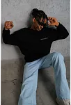 Erkek Bisiklet Yaka Baskılı 3 İplik Pamuklu Sweatshirt - Siyah