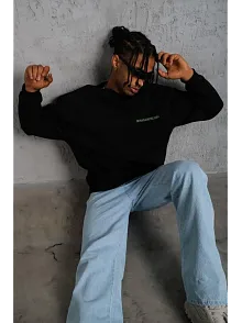 Erkek Bisiklet Yaka Baskılı 3 İplik Pamuklu Sweatshirt - Siyah
