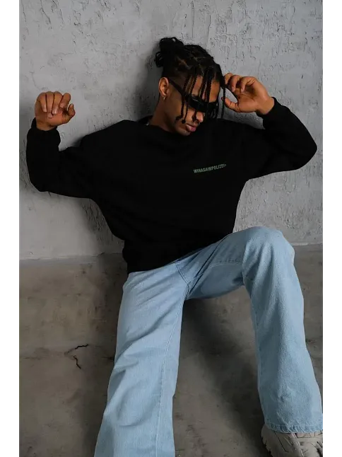 Erkek Bisiklet Yaka Baskılı 3 İplik Pamuklu Sweatshirt - Siyah