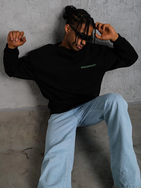 Erkek Bisiklet Yaka Baskılı 3 İplik Pamuklu Sweatshirt - Siyah