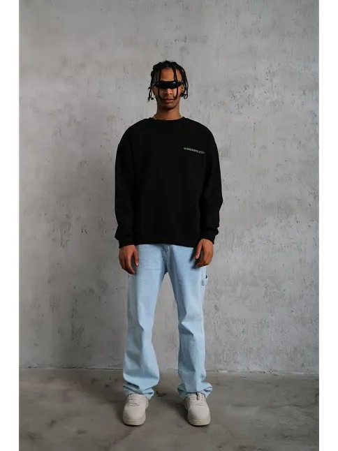 Erkek Bisiklet Yaka Baskılı 3 İplik Pamuklu Sweatshirt - Siyah