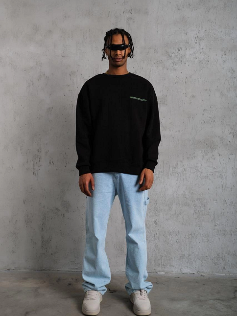 Erkek Bisiklet Yaka Baskılı 3 İplik Pamuklu Sweatshirt - Siyah
