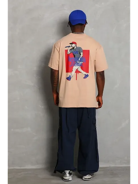 Erkek Baskılı Tişört Kısa Kol Bisiklet Yaka Oversize T-shirt - Bej