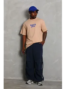 Erkek Baskılı Tişört Kısa Kol Bisiklet Yaka Oversize T-shirt - Bej