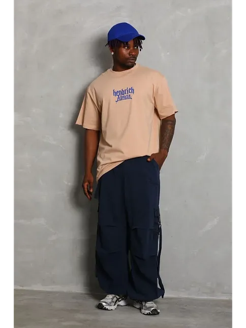 Erkek Baskılı Tişört Kısa Kol Bisiklet Yaka Oversize T-shirt - Bej