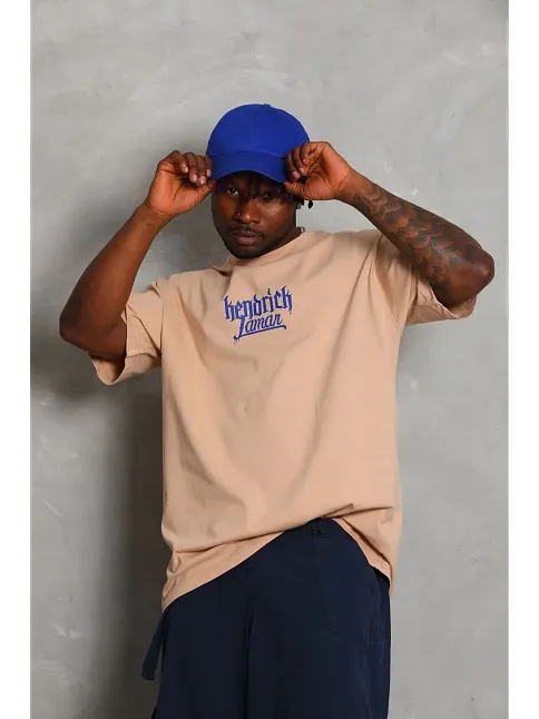 Erkek Baskılı Tişört Kısa Kol Bisiklet Yaka Oversize T-shirt - Bej