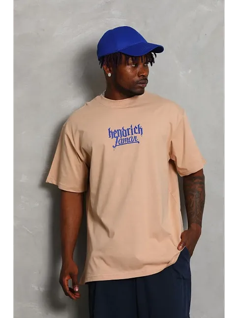 Erkek Baskılı Tişört Kısa Kol Bisiklet Yaka Oversize T-shirt - Bej