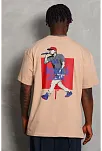 Erkek Baskılı Tişört Kısa Kol Bisiklet Yaka Oversize T-shirt - Bej