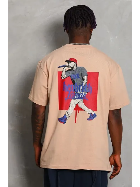 Erkek Baskılı Tişört Kısa Kol Bisiklet Yaka Oversize T-shirt - Bej