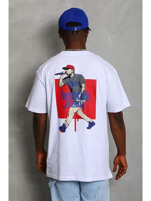 Erkek Baskılı Tişört Kısa Kol Bisiklet Yaka Oversize T-shirt - Beyaz