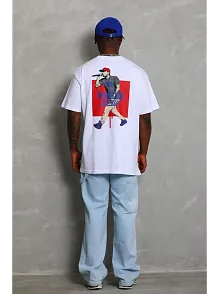 Erkek Baskılı Tişört Kısa Kol Bisiklet Yaka Oversize T-shirt - Beyaz