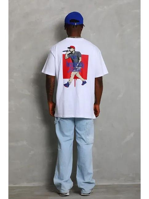 Erkek Baskılı Tişört Kısa Kol Bisiklet Yaka Oversize T-shirt - Beyaz