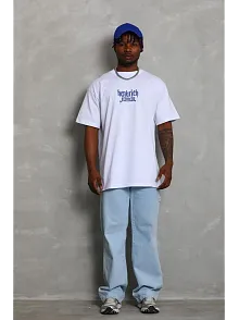 Erkek Baskılı Tişört Kısa Kol Bisiklet Yaka Oversize T-shirt - Beyaz