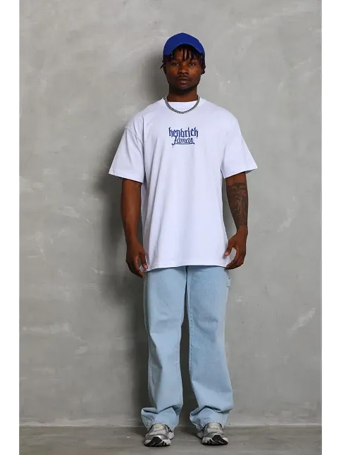Erkek Baskılı Tişört Kısa Kol Bisiklet Yaka Oversize T-shirt - Beyaz