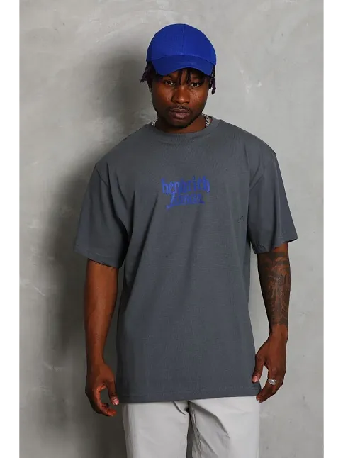 Erkek Baskılı Tişört Kısa Kol Bisiklet Yaka Oversize T-shirt - Füme