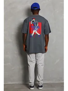 Erkek Baskılı Tişört Kısa Kol Bisiklet Yaka Oversize T-shirt - Füme