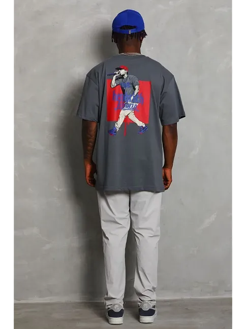 Erkek Baskılı Tişört Kısa Kol Bisiklet Yaka Oversize T-shirt - Füme