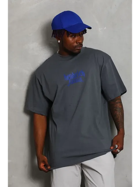 Erkek Baskılı Tişört Kısa Kol Bisiklet Yaka Oversize T-shirt - Füme