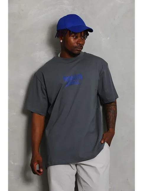 Erkek Baskılı Tişört Kısa Kol Bisiklet Yaka Oversize T-shirt - Füme