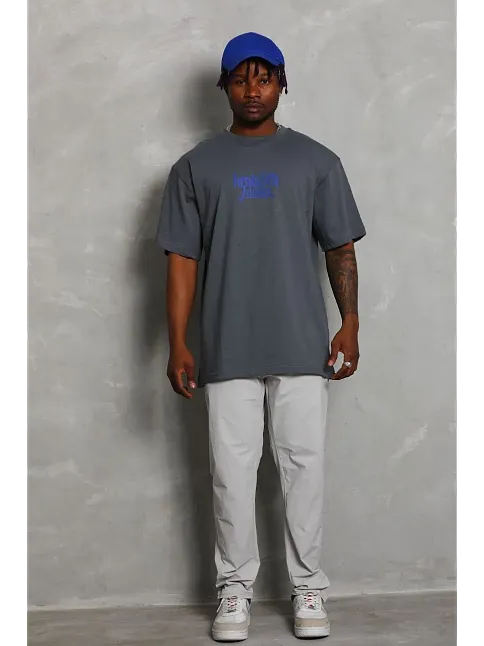 Erkek Baskılı Tişört Kısa Kol Bisiklet Yaka Oversize T-shirt - Füme