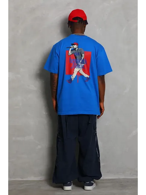 Erkek Baskılı Tişört Kısa Kol Bisiklet Yaka Oversize T-shirt - Mavi